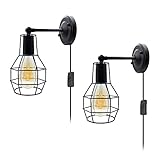 Industrial Wandleuchte Innen 2 Stück Wandlampe Mit Schalter, Retro Wandleuchte E27 Deckenleuchte mit 170 cm Steckkabel, 240° Schwenkbar Drahtkäfig Wandleuchten für Wohnzimmer E