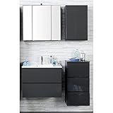 Badezimmer Set COMO-03, 4-teilig Hochglanz grau, 60cm Waschtisch Badmöbel, Waschtisch, Badezimmermöbel, LED Spiegelschrank, Waschplatz, Badezimmerschränk