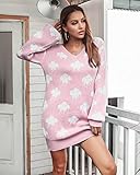 QINGKAI Damenpullover,Damen Rosa Mittellanger V-Ausschnitt Langarm Tops Pullover Pullover Cloud Jacquard Laternenärmel Elegant Weich Warm Damen Strickpullover Herbst Winter Lässig Locker,L