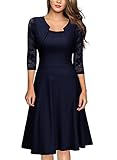 MIUSOL Damen Abendkleid Elegant Cocktailkleid Vintage Kleider 3/4 Arm mit Spitzen Knielang Party Kleid Navy Blau M