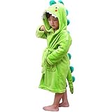 LOLANTA Kinder Fleece Bademantel Dinosaurier Plüsch Kapuzenbademantel, Grüner Dinosaurier, 3-5 J