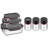 Silit Storio Vorratsdose-Set 3-teilig, Glas, Vorratsglas, luftdichter Aroma-Deckel, Frischhaltedosen zum Vorbereiten & Storio Gewürzstreuer-Set 3-teilig Feinstreuer Grobstreuer Gewürzglas G