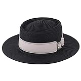 Strohhut Hut Frauen Sommer Outdoor Outding Strohhut Mädchen Wide Stitch Gürtel Sonnenhut Strand Urlaub Mode Panama Top Hut-Black,M