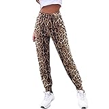 IQYU Damen Retro Leopard Trainingsanzug Hosen Haremshose Damen Leicht Freizeithose Leopard Drucken Strand Hosen Elastische Taille Sommerhose mit Taschen Kordelzug Sports Strumpfhose Hose für D