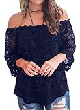 Bloggerlove Damen Oberteil mit Schnürung, schulterfrei, Boho Casual Lose Bluse Shirts - Blau - Groß