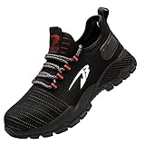 Quiteyan Anti-Perforations Luftdurchlässige Schuhe,Leichte, atmungsaktive Sneaker-Schuhe mit Stahlkappe rutschfeste, unverwüstliche Konstruktionsschuhe Dachdeckerschuhe,Reddish Black▁36