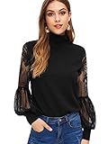 DIDK Damen Stehkragen Langarmshirt mit Spitzenärmeln Einfarbig Oberteil Tops Pulli Schwarz M