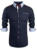 COOFANDY Herren Hemd Langarm Leicht Bügeln aus Baumwolle Leinenhemd Freizeithemd für Männer Doppelfarbig Marine Blau XL