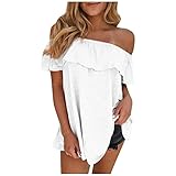 AFFGEQA Damen Tshirt Sommer Rundhals Kurzarm Trägerlos Oberteile Basic Kurzarm Lose Frauen Bequem Einfarbig Einfachheit Tops Casual Shirt Hemd Bluse Sp
