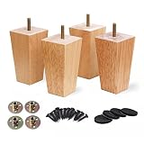 RHUAFET 4 Stück Möbelfüße Eiche, 12cm Holz Möbelbeine, Möbelfuss Holz Massivholz Konisch Beine Aus Eiche für Stühle Schrank Sofa Bett Couch, mit Schrauben und Filzgleiter (12cm, Quadratfuß)