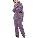 Schlafanzug Damen Zweiteilige Nachtwäsche Fleece Hausanzug Super Weich Plüsch Pyjamas Winter Warme Loungewear Langarm Pullover + Lang Hose Lockere Casual Flauschige Nachthemd S