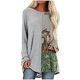 Lässiges T-Shirt mit Landschaftstierdruck für Damen Lockeres Oberteil mit Rundhalsausschnitt und Langen Ärmeln Cover Hip übergroßes H