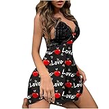 EMATOP Nachtwäsche Kleid Damen Spitze Negligee Lingerie Kuschelig Nachtkleid Tiefer V-Ausschnitt Babydoll Dessous Unterwäsche Schmetterling Liebe Druck Reizwäsche Nachthemd Stretch Hausanzug