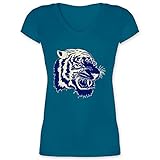 Dschungel Deko Wildnis - Tigerkopf - XL - Türkis - Tiger - XO1525 - Damen T-Shirt mit V