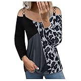 MRULIC Pullover Damen Langarm Schulterfrei Oberteile Blusen Leopardenmuster T-Shirt Tuniken Langarmshirts FrüHling Herbst Winter Tops Bluse(Grau,S)