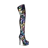 Damen Stiefel Overknees, 15 Cm Modische Sexy Bunte PU-Leder High Stretch Oberschenkel Hohe Stiefel Glänzende Club Night Club Bar Schlanke High Heels Stiefel,Bunt,44EU