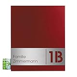 Design-Briefkasten mit Zeitungsfach rubin-rot (RAL 3003) MOCAVI Box 111 Postkasten mit Hausnummer und Name V4A-Edelstahl graviert modern groß DINA4