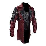 Lange Lederjacke Herren Mantel Kunstleder Gothic Parka Vintage Windbreaker Slim Fit, Männer Winterjacke Übergangsjacke Ledermantel Celucke (Rot, M)