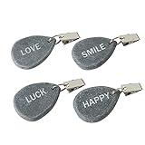 4er Set Tischdeckenbeschwerer aus Naturstein - Mit Stahlclips, maximale Klemmkraft - Insgesamt ca. 240 g schwer - Happy, Luck, Love, Smile Aufdruck - Ideal für den gedeckten T