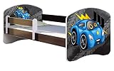 ACMA Kinderbett Jugendbett mit Einer Schublade und Matratze Wenge mit Rausfallschutz Lattenrost II 140x70 160x80 180x80 (04 Blaue Auto, 140x70)