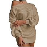 GFGHH Damen Sexy Schulterfrei Pullover Kleid Langarm Strickkleid One Shoulder Off Strick Pulli Herbst/Winter Strickkleider Casual Minikleid Einfarbig Lose Stretch Frauen Knielanges Pulloverk