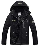 Memoryee Herren Ski Jacke Warmer Gefüttert Winter Fleece Mantel Wasserdichter mit Abnehmbarer Kapuze Outdoorjacke/Black/L