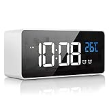 Digital Wecker, LED Digitaluhr Tischuhr mit Sprachsteuerung Funktion und Temperatur Display, Spiegelalarm mit Dual Alarm Snooze Zeit 4 Stufen Einstellbarer Helligkeitsdimmer 13 Musik USB L