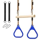 Yorbay Kinder Trapez Schaukel Klettergerüst mit Holz Turnringe Spielgeräte für Outdoor Garten Schaukelgestell Spielturm Spielhaus Zubehör, Blau mit Rot, belastbar bis 150kg
