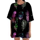 Übergroßes Tshirt Damen Casual Heruntergefallener Ärmel Oberteile Lässig Federdruck Pullover Rundhals Kurzärmliges T Shirt Sommer Tops Lockere All Match Tunika Bluse Geschenk für F