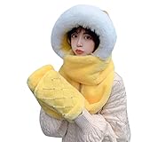 IFJIUSHE Socks for Women Frauen flaumig Plüsch warm 3 in 1 mit Kapuze Schal Hut Handschuhe Set schöne Winter Winddichte Ohrflammkappe Taschenhandschuhe fest (Color : Yellow, Size : One Size)