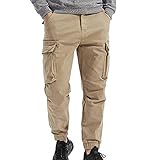 Aena Ray Herren Jogger Cargo Hose mit 6 Taschen Baumwolle Outdoor Jogging Hose Männer Unifarben Hose Arbeitshose Freizeit-Hose Sweat-Pants (Khaki, Größen No:34)