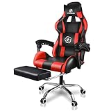 LUCKRACER Gaming Stuhl Massage mit Fußstütze Bürostuhl Massage Lendenkissen Drehstuhl Racing Armlehne PU Leder hohe Rückenlehne (rot)