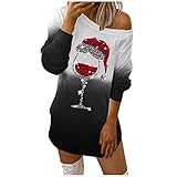 Damen Weihnachtspullover Kleid Rotweinglas Muster Elegant Schulterfrei Abendkleid Kurz Sweatshirt Winterkleid Damen Langarmshirt Hoodie Weihnachtskleid Weihnachten Langarmshirt Eleg