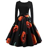 Calvinbi Elegante Kleider Vintage Kleid Schwarz V Ausschnitt Damen mit Kürbis Knielang Vintage 3/4 Arm Langarm Abend Prom Swing Dress Soft und Stretch fur Halloween Party Ball Karneval Kostü