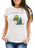 MoonWorks® Damen T-Shirt Fun Motiv Kleiner Dino frisst Einhorn Spruch Wie das Letzte? Fun-Shirt lustig weiß XS