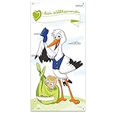 Großer Banner zur Geburt - Herzlich Willkommen Mama & Baby - ZUM SELBST BESCHRIFTEN: Name & Geburtsdatum - Storch mit Kind - 140