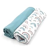 VmG-Store Jerseystoff Set farblich abgestimmt Design + Uni je 0,5mx1,5m 95% Baumwollstoff 5% Elasthan Tex Standard 100 (Regenbogen Pastell Weiß + Dunkel Aqua Set12)