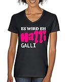 Comedy Shirts - Es wird eh Halli Galli - Damen V-Neck T-Shirt - Schwarz/Weiss-Pink Gr. L