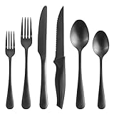 Vanston Besteck-Set mit Steakmessern – 24-teiliges Mattschwarz (Titangrau) Edelstahl-Besteck-Set für 4 Personen, satiniertes Besteck, Essutensilien, Geschirr, spülmaschinenfest, dunkles Titang