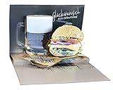 KE 3D Pop Up Karte - Geburtstags-Karte mit Bier & Burger-Motiv - 3D Gruß-Karte - Glückwunsch-Karte - Klapp-Karte mit Glitzer-Elementen - DIN B6