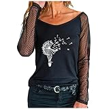 Pullover Shirt Damen Sexy Mesh Oberteil Damen Patchwork Sweatshirt Liebesdruck Bedruckte Tshirts Damen Rundhals Bluse Casual Top Langarmshirt Damen Lockere Pullis Damen Tops Elegante S