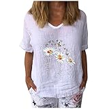 Frauen Tops Casual Blumendruck T-Shirt Schmetterling Muster Tunika Baumwolle und Leinen Pullover V-Ausschnitt Kurzarm Bluse(XL,Weiß)