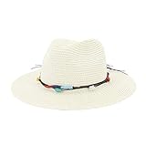 2021 Sommerhut für Damen, Fedora-Hut, Panama-Hut, Sonnenhut, Seil, Schlapphut, breite Traufen, Reise, Strand, Urlaub, Hut (Farbe: Hellkhaki, Größe: 56–58 cm)