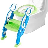 GOPLUS Töpfchentrainer, Toilettenleiter für Kinder, Toilettensitz höhenverstellbar 35 bis 42 cm, faltbarer Toilettensitz mit Treppe Armlehnen, Toilettentrainer ab 2 Jahre (Blau+grün)
