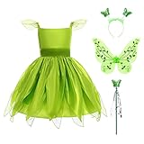 Tinkerbell Kostüm Kinder Mädchen Feenkostüm Elfenkostüm Märchenkostüm Elfe Kinderkostüm Waldfee Kleid Schmetterling Flügel Stirnband Zauberstab Set Halloween Karneval Fasching Mottoparty Grün 4-5J