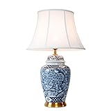 Tischleuchte Asiatische traditionelle chinesische Keramik-Tischlampe blau und weißes Glas Retro Nachttischlampe Leinentrommel Lampenschirm Schlafzimmerstudie Wohnzimmer Tischlampe Nachttischlamp