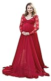 FEOYA Umstandskleid Lang Schwangerschaftskleid V-Ausschnitt Maxi Kleid Chiffonkleid Schwangere Hochzeitskleid Abendkleid Rot - Größe M