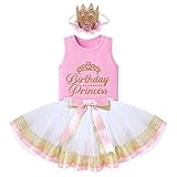 FYMNSI Baby Kinder Mädchen Geburtstag Outfit Baumwolle Weste T-Shirt Tops Prinzessin Tutu Tüll Rock Stirnband 3tlg Partykleid Fotoshooting Bekleidungsset Rosa + Weiß 12-18 M