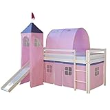 Homestyle4u 1496, Kinder Hochbett Mit Rutsche, Leiter, Turm,Tunnel, Vorhang Rosa, Massivholz Weiß, 90x200