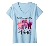 Damen Im Oktober tragen wir Brustkrebsbewusstsein mit rosa Zähnen. T-Shirt mit V